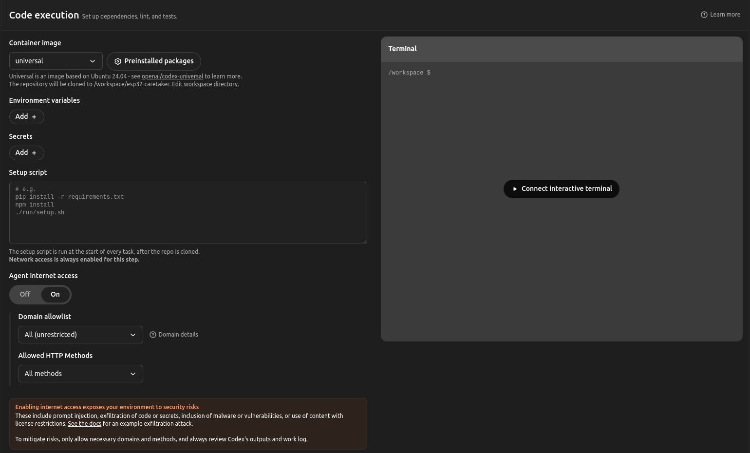 code execution settings