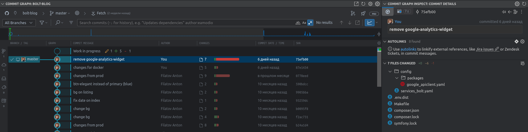 панель GitLens в VS Code