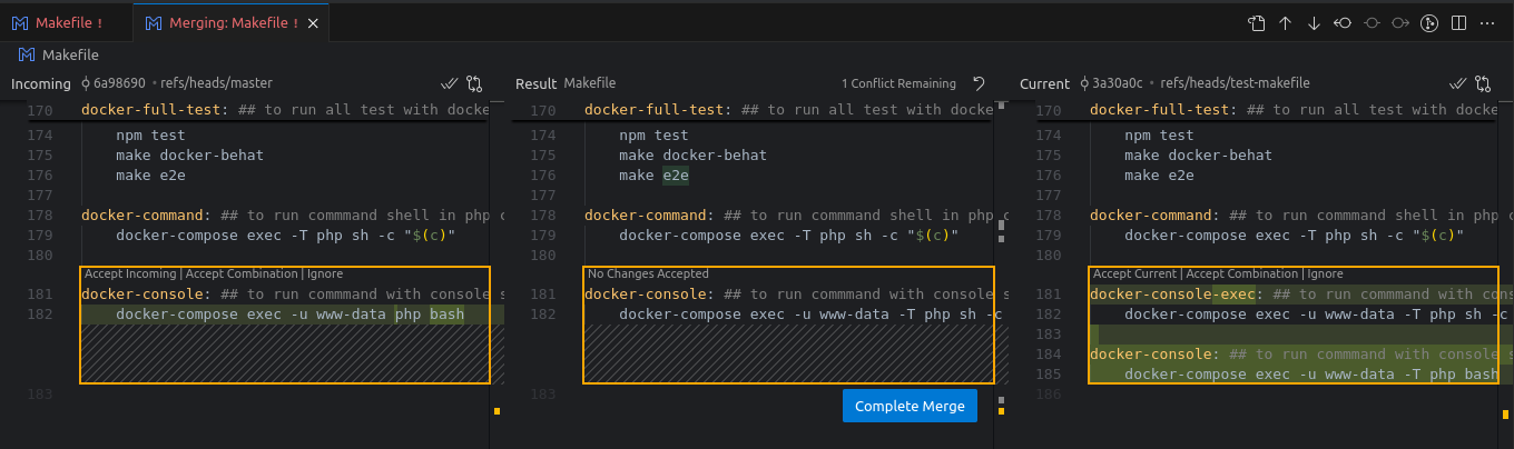 интерфейс разрешения конфликта в VS Code