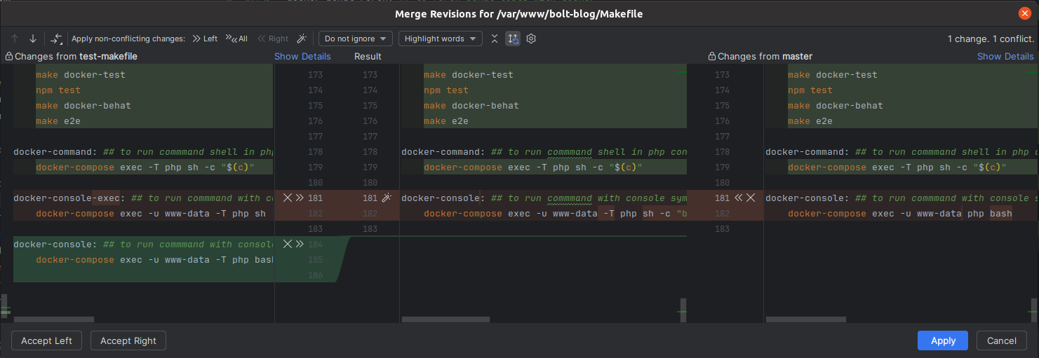 интерфейс разрешения конфликта в PHPStorm