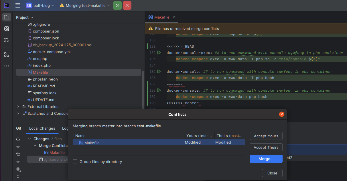 состояние конфликта в шапке PHPStorm