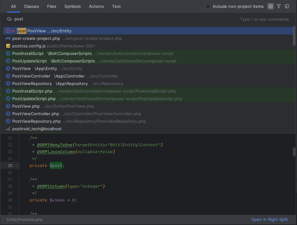 панель быстрого поиска в PHPStorm